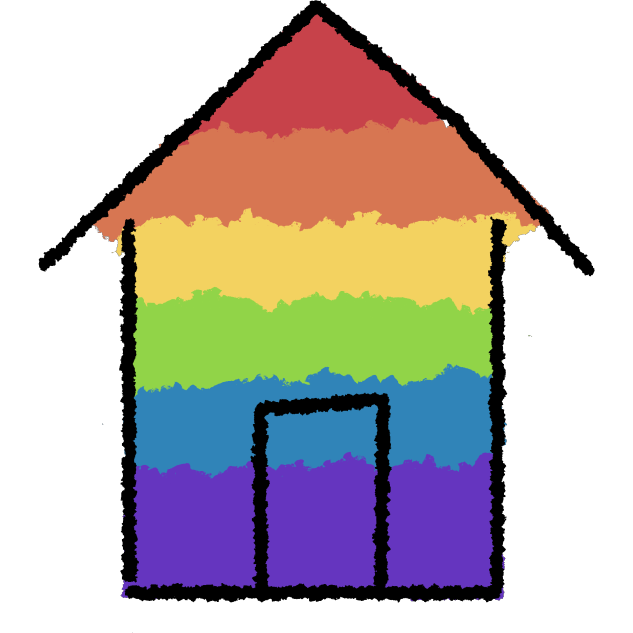 a house shape outlined in black with a door shape in the center. it is filled with a muted rainbow starting with red at the top and ending with purple at the bottom.